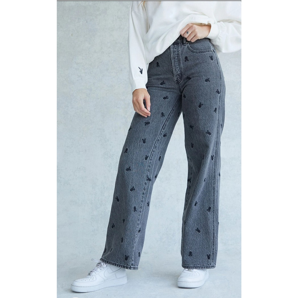 Playboy PacSun Women’s Jeans Size 26 Black/Gray Denim Embroidered Bunnies YTK